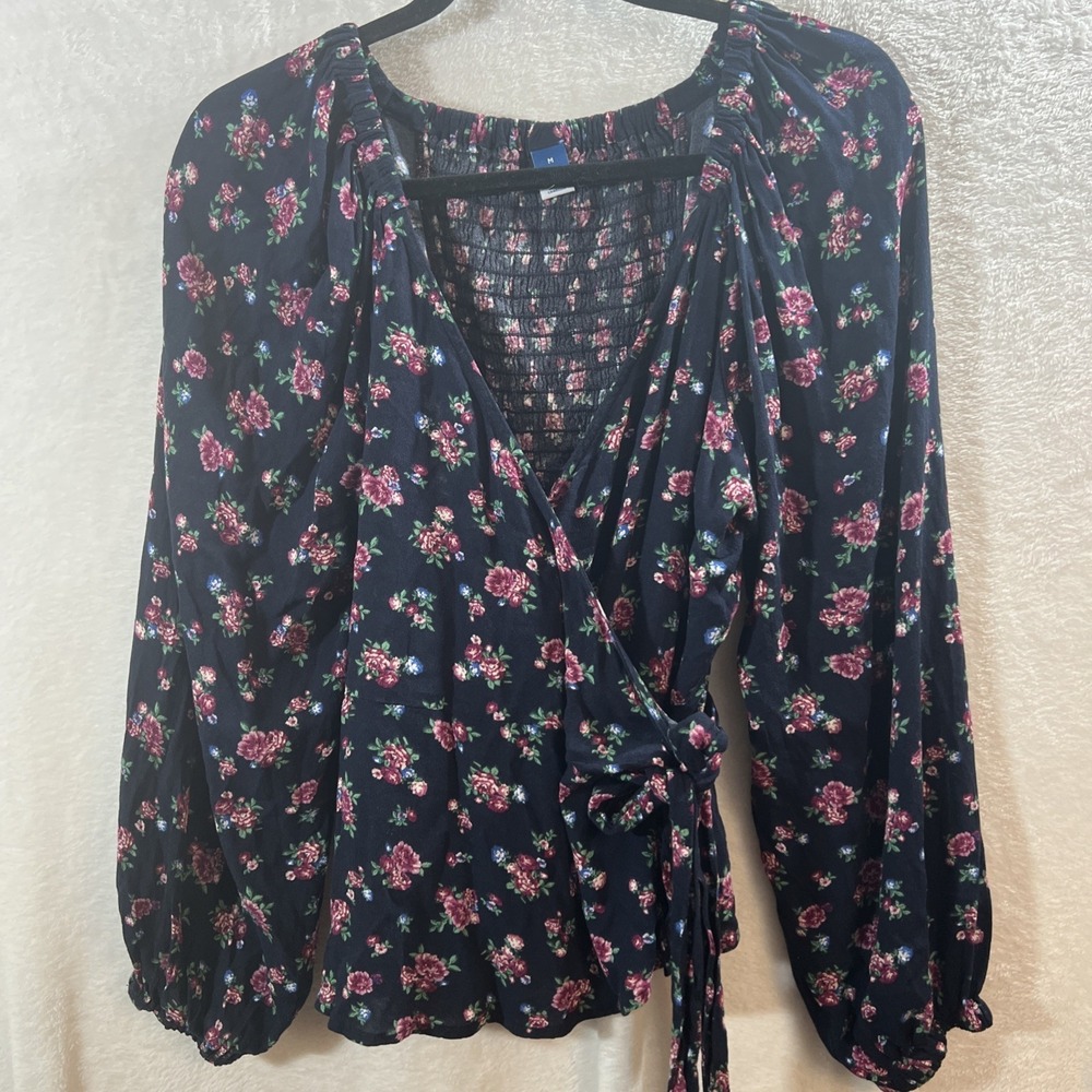 Womens Balloon Sleeve Floral Smocked Back Navy Blue Wrap Top Old Navy Medium